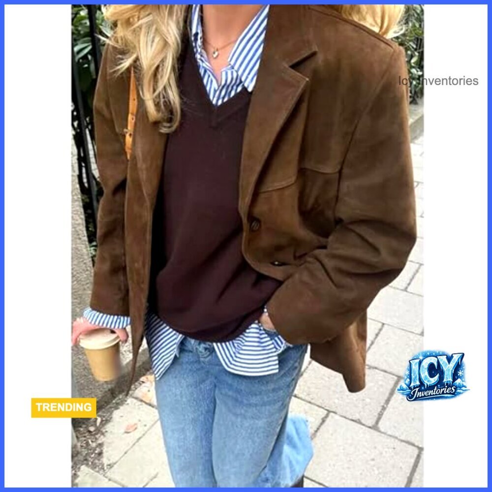 Faux Suede Oversized Blazer Jacket Button Down Lapel Trench Coat - Picture 2 of 6